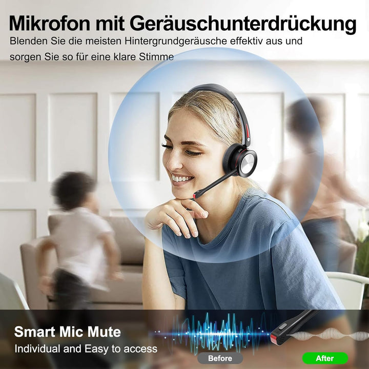 Beebang Bluetooth Headset mit Mikrofon für PC, Wireless Headset mit USB Adapter & Ladestation, 40 St