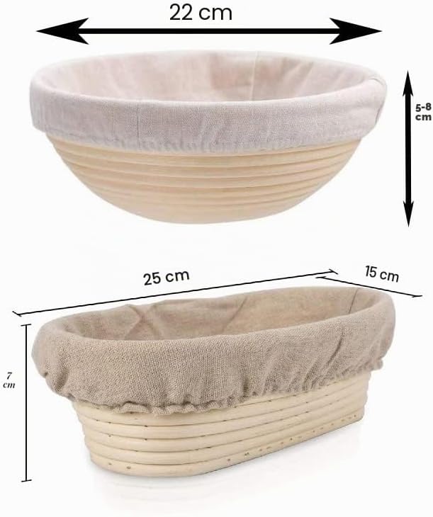 YAANI Gärkörbchen, brot backen zubehör, Set bestehend aus 2 runden und ovalen Banneton-Gärkörben, 22