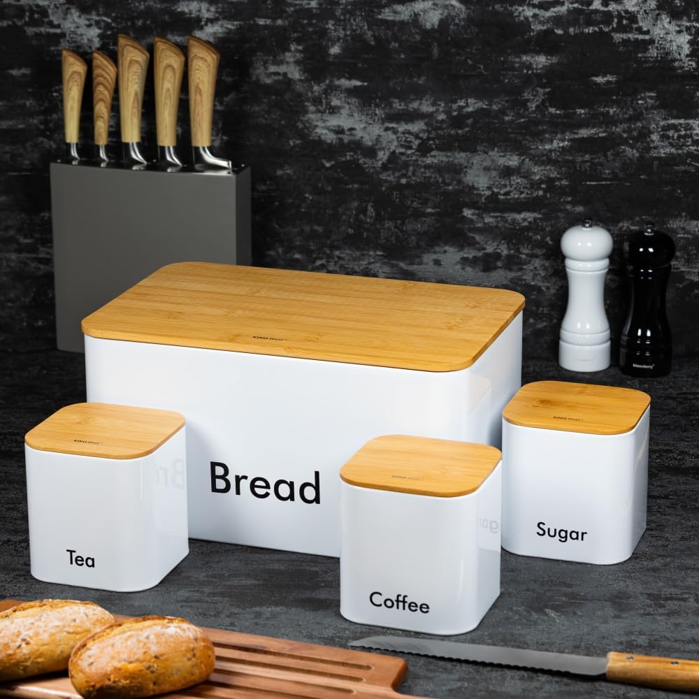 Bread Box Bread Bin With Wodden Top For Chopping Cutting With Canister Set KH-1026 Weiss, Weiss