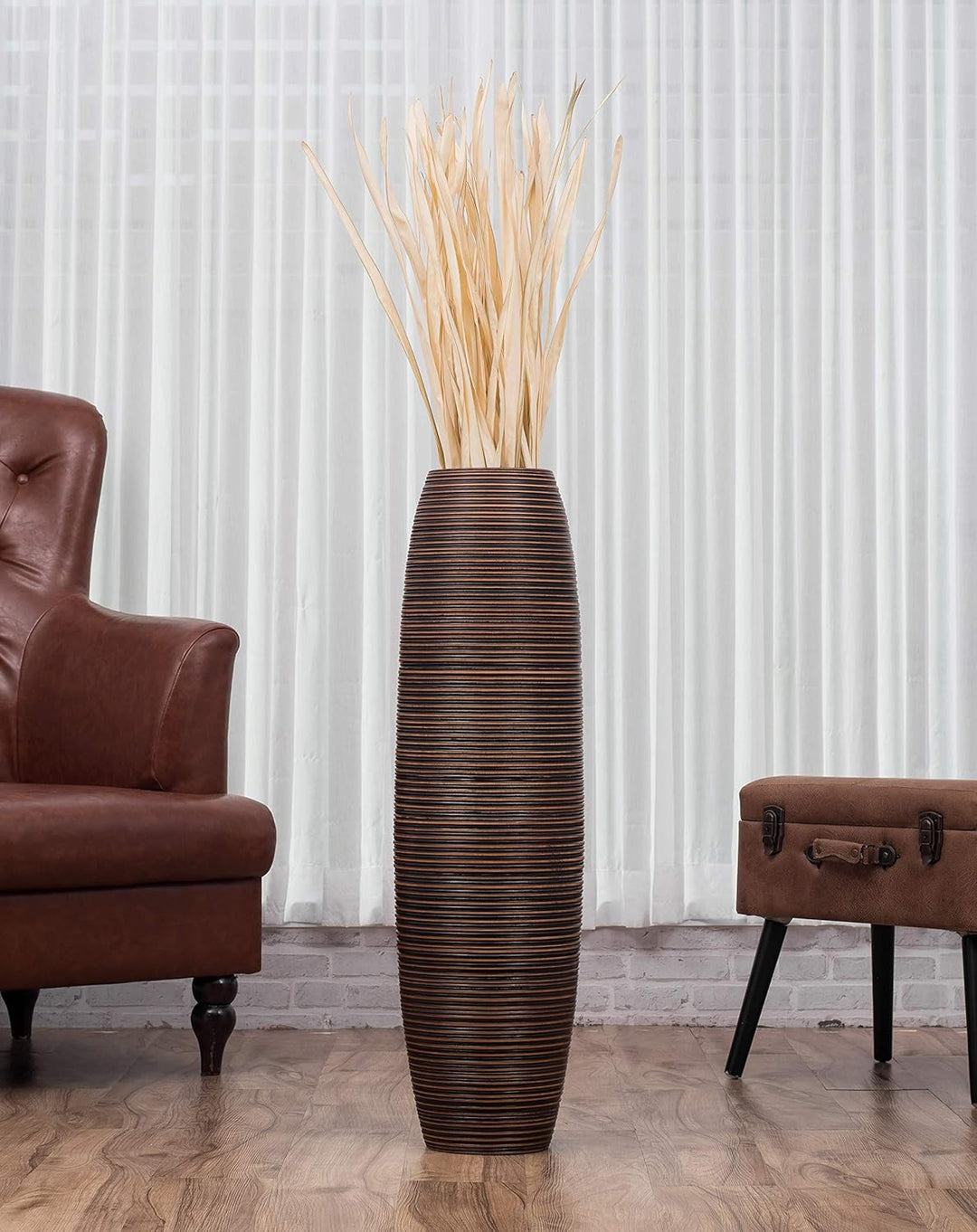 Leewadee Grosse Bodenvase für Dekozweige hohe Standvase Design Holzvase, Holz, 90 cm, Braun 90 cm Br