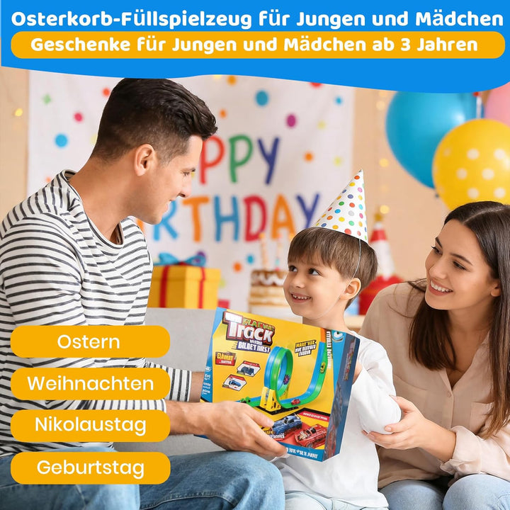 Flexible Autorennbahnen Kinder, 4.5M Rennbahn Inklusive 4 Autos, Tragbare Dual-Rennstrecke mit Rampe