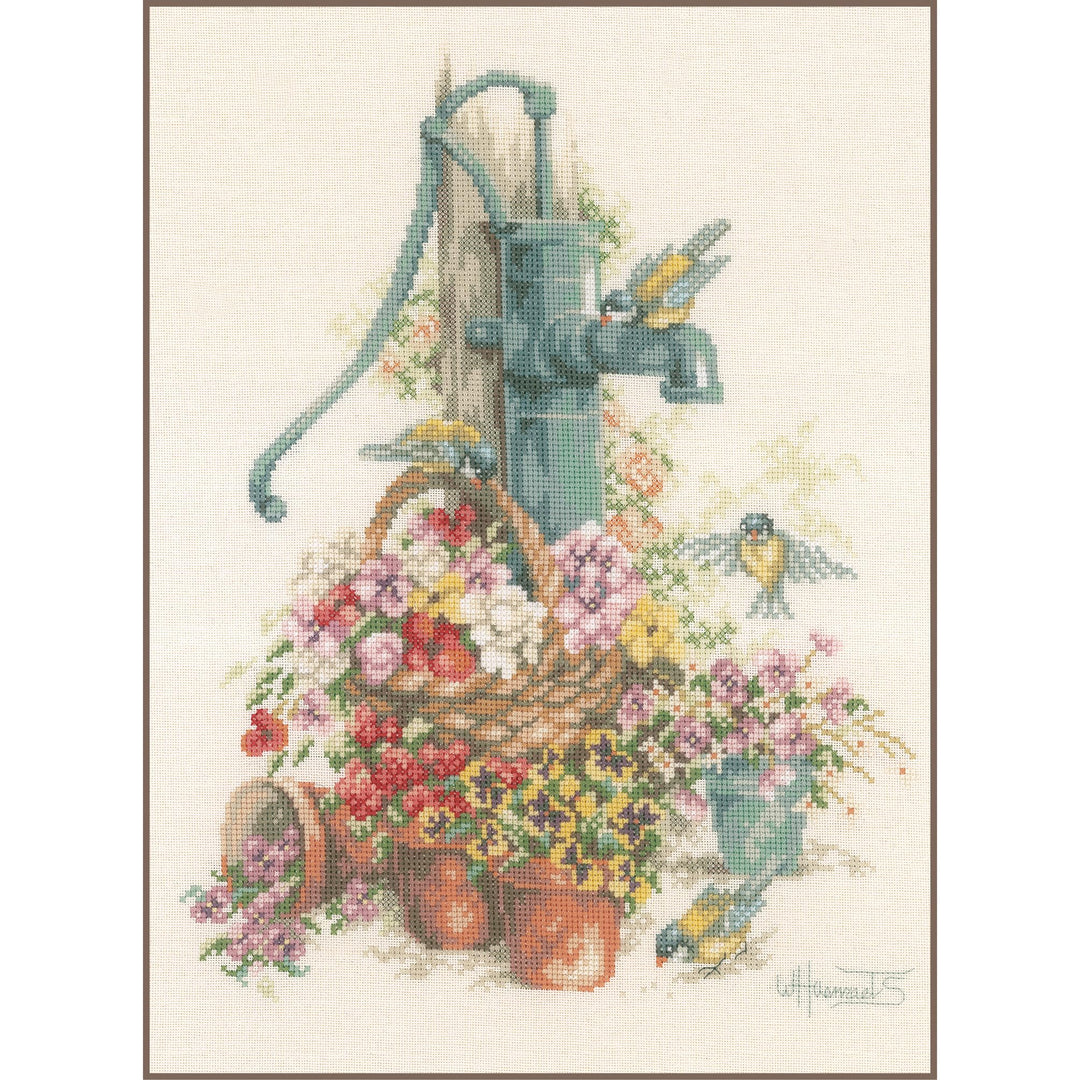 Lanarte PN-0007958 Kreuzstichset Blumen/Wasserpumpe, Zahlmuster Zählmusterpackung, Baumwolle, mehrfa