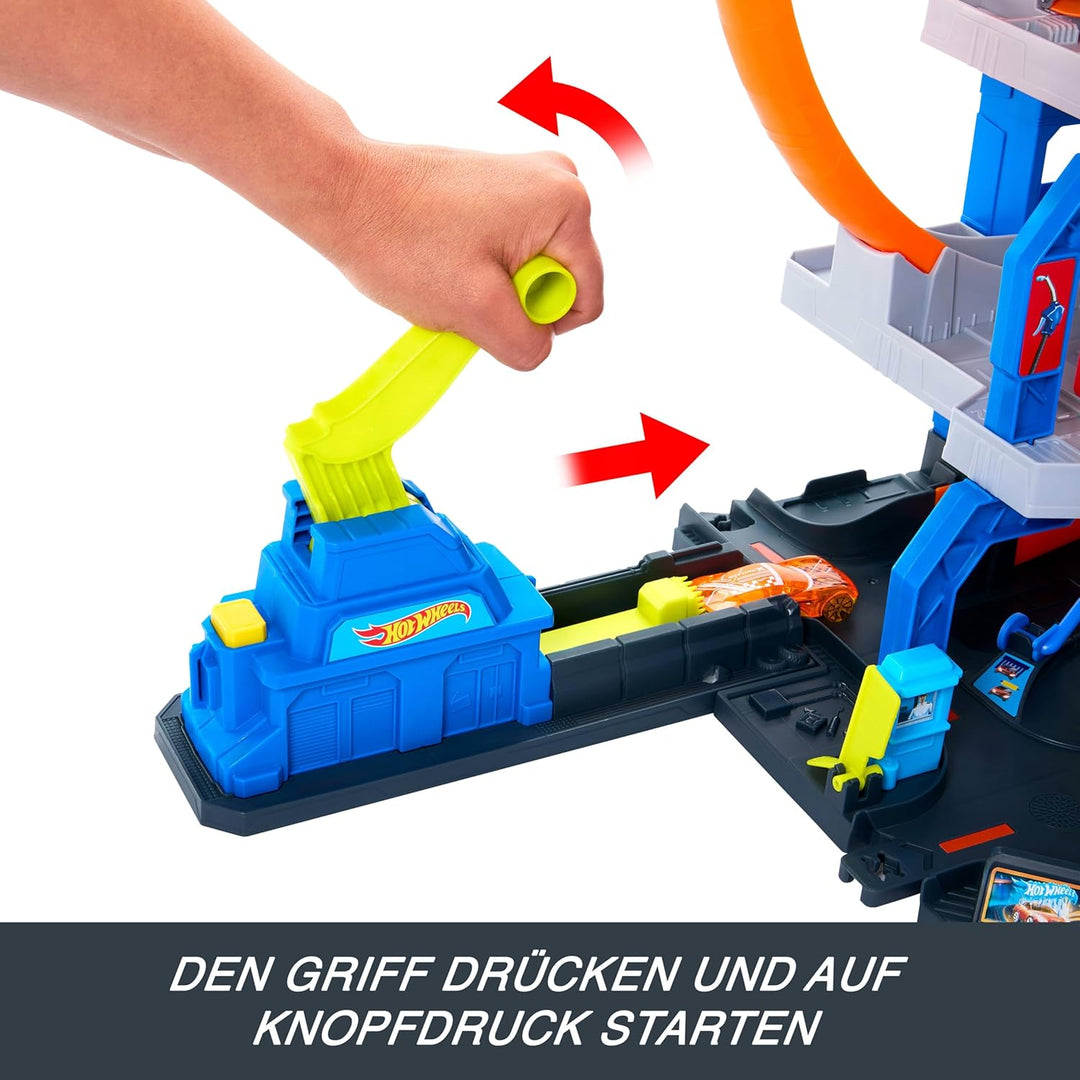 Hot Wheels Spielzeugauto Trackset, mit Die-Cast-Auto und Hubschrauber, 3 Spielebenen, 2 Loopings, Pl