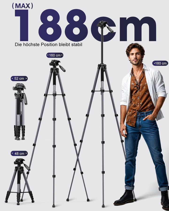 POLAM-FOTO Kamera stativ, 188 cm, Reisestativ mit Tragetasche, mit Handyhalterung, Aluminium, für Mi