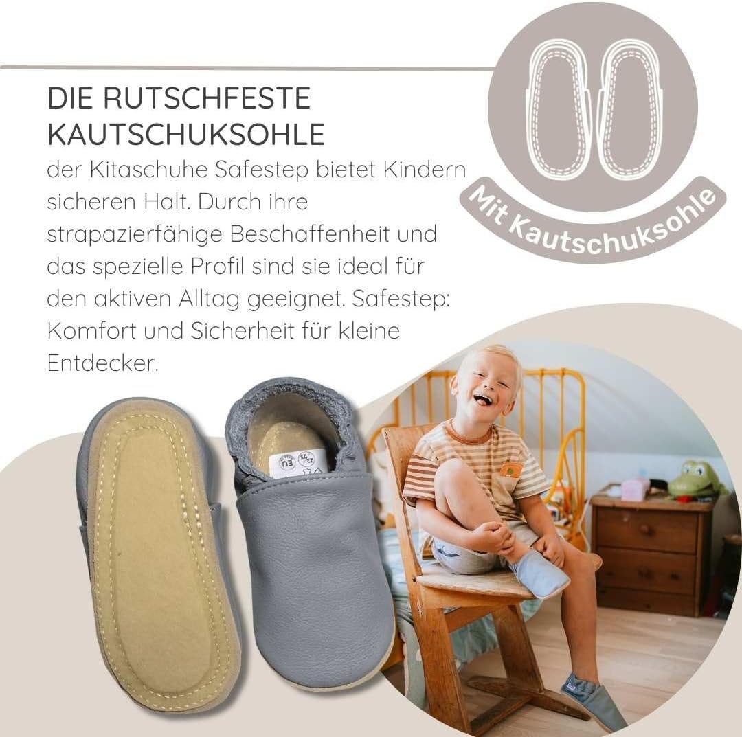 HOBEA-Germany Kitaschuhe Safestep, Kinderhausschuhe, Lederschuhe 26/27 EU Grau Stern Silber, 26/27 E