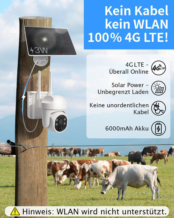 4G LTE Überwachungskamera mit SIM Karte, Outdoor Kamera mit Akku & Solar panel – 2K HD PTZ,PIR Erken