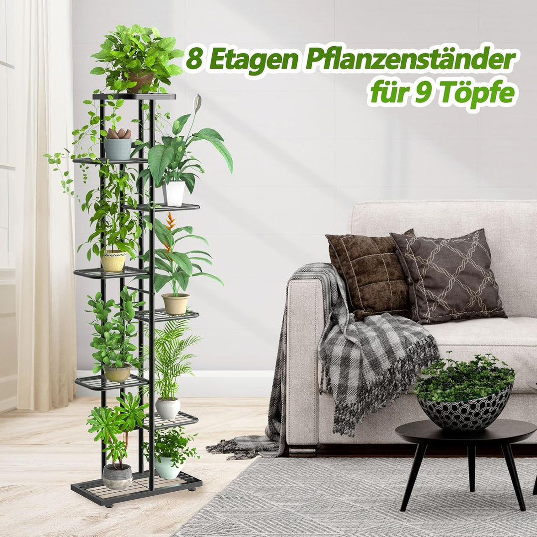 MAIJIAJU 8 Etagen Blumenständer Metall Schwarz mit Gartengeräte und Handschuhe, 141cm Ecke Blumenreg
