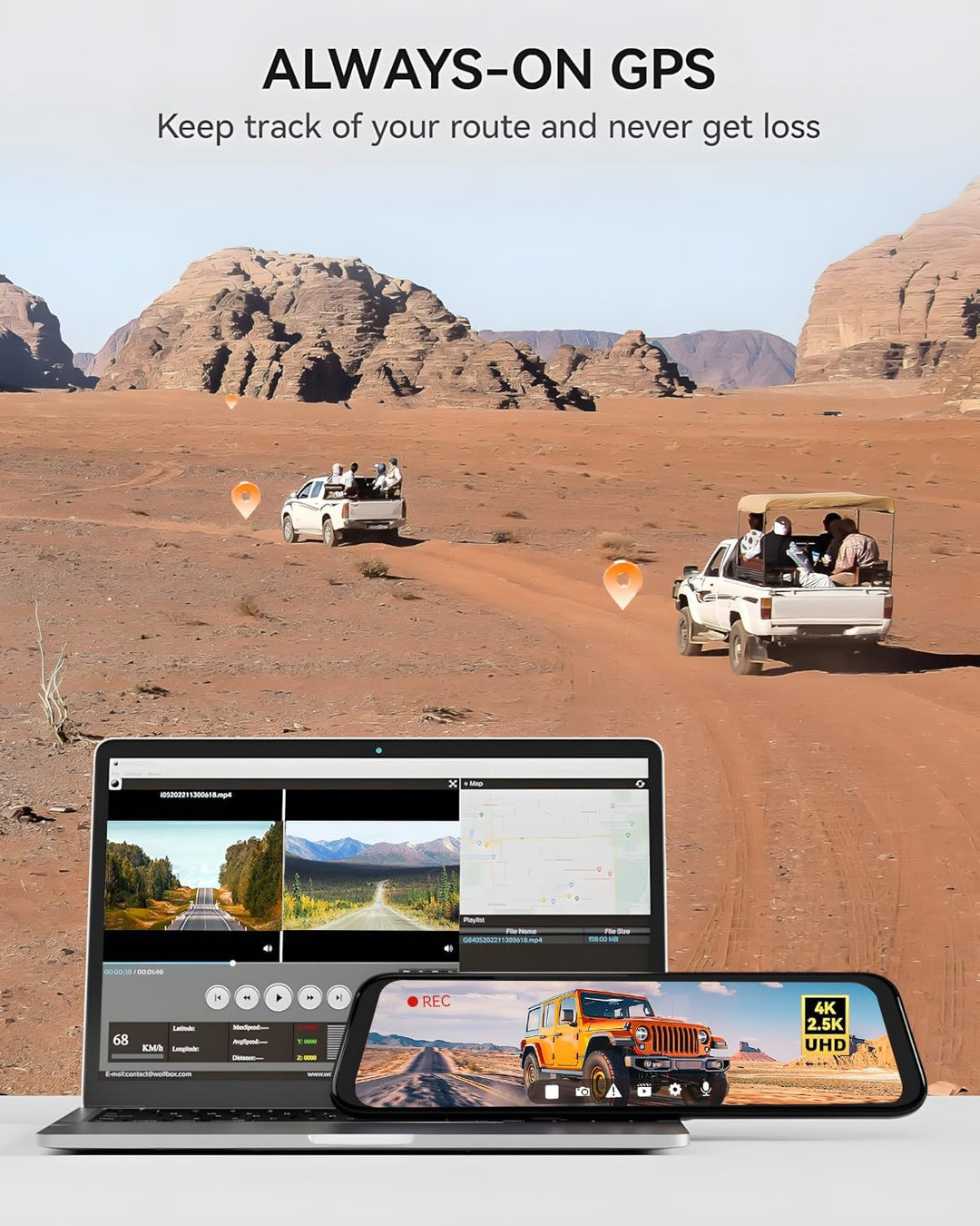 WOLFBOX Dashcam 4K + 2,5K für Rückspiegel: Front- und Rückspiegel Dashcam für Auto mit 12 Zoll Bilds