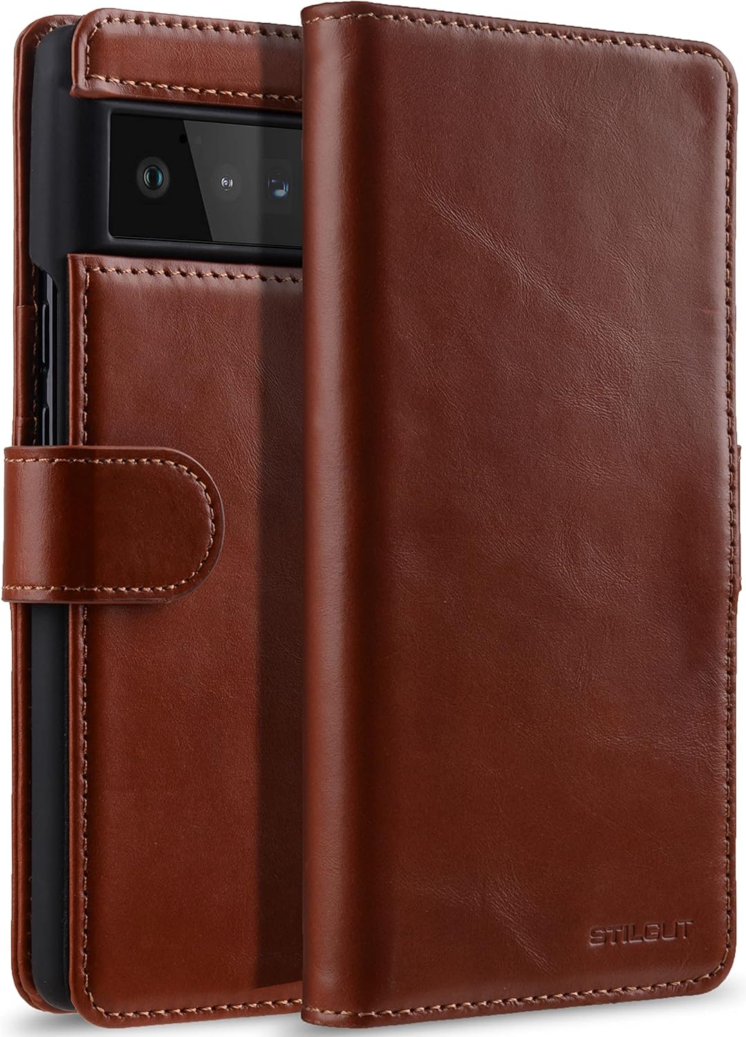 STILGUT Talis kompatibel mit Google Pixel 6 Pro Hülle mit Kartenfach aus Leder, Flip Cover, Wallet C