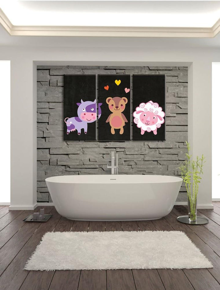 Pixxprint Kuh Teddy und Schaf als Leinwandbild/Grösse: 3 Teilig (120x80) cm/Wandbild/Kunstdruck/fert