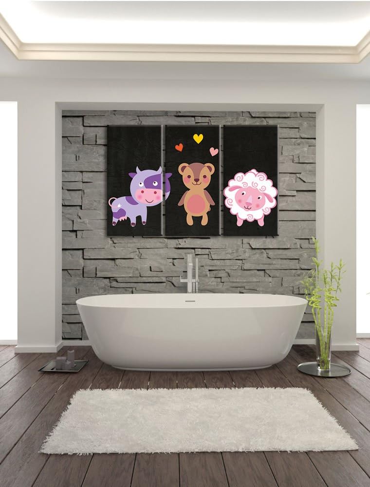 Pixxprint Kuh Teddy und Schaf als Leinwandbild/Grösse: 3 Teilig (120x80) cm/Wandbild/Kunstdruck/fert