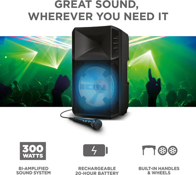ION Audio Power Glow – 300-Watt Bluetooth-Lautsprecher mit Karaoke-Mikrofon, Lichtern, Multikanal-Mi