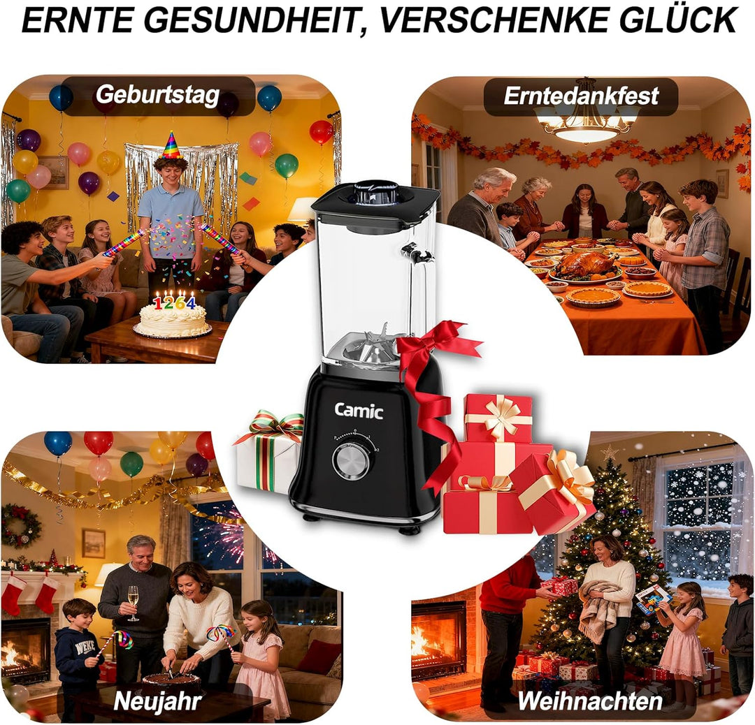 Camic Standmixer 1200W Hochleistungsmixer 3-in-1 mit 1,6L Glasbehälter Mixer & 400ml Reisebecher & 2