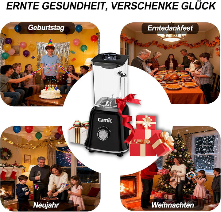 Camic Standmixer 1200W Hochleistungsmixer 3-in-1 mit 1,6L Glasbehälter Mixer & 400ml Reisebecher & 2
