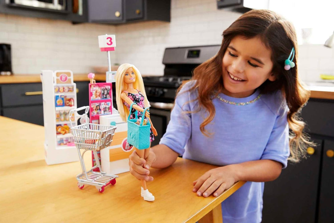 Barbie FRP01 - Barbie-Puppe und Supermarkt mit rollendem Einkaufswagen und funktionierendem Förderb