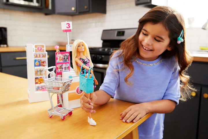 Barbie FRP01 - Barbie-Puppe und Supermarkt mit rollendem Einkaufswagen und funktionierendem Förderb