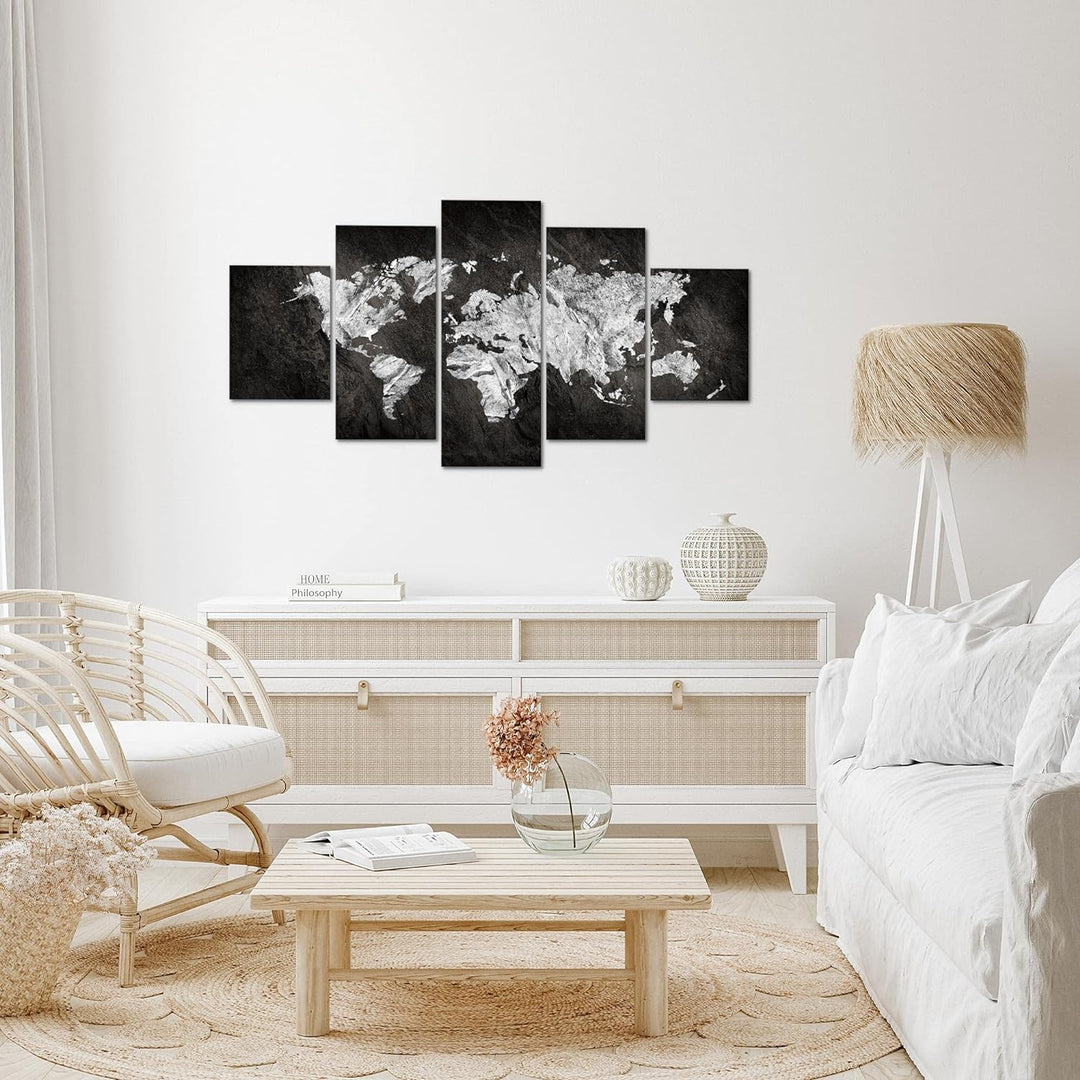 Runa Art Wandbilder Weltkarte 5 Teilig Bild auf Vlies Leinwand Deko Büro Wohnzimmer Kontinente Schwa