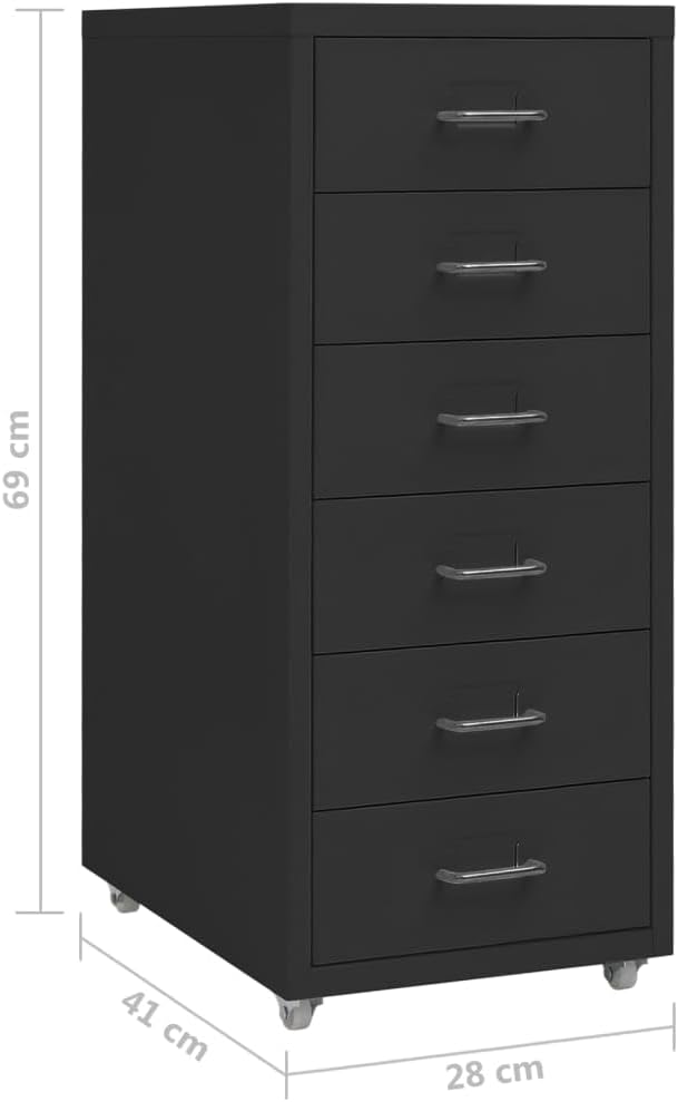 Aktenschrank mit Rollen Schwarz Metall 28x41x69 cm Büroschrank mit 6 Schubladen und Metallgriffen fü