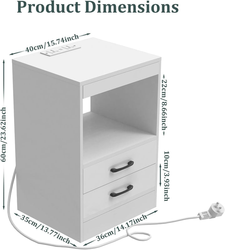 PIPIPOXER 2er Set Nachttisch mit Steckdose & USB, Nachttisch Weiss Nachtschrank Hochglanz Nachtkommo