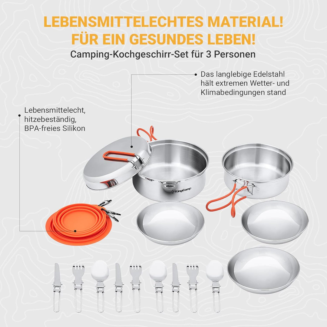 KingCamp Camping Geschirr Set 2-4 Personen I Camping Kochgeschirr aus Edelstahl I Camping Töpfe mit