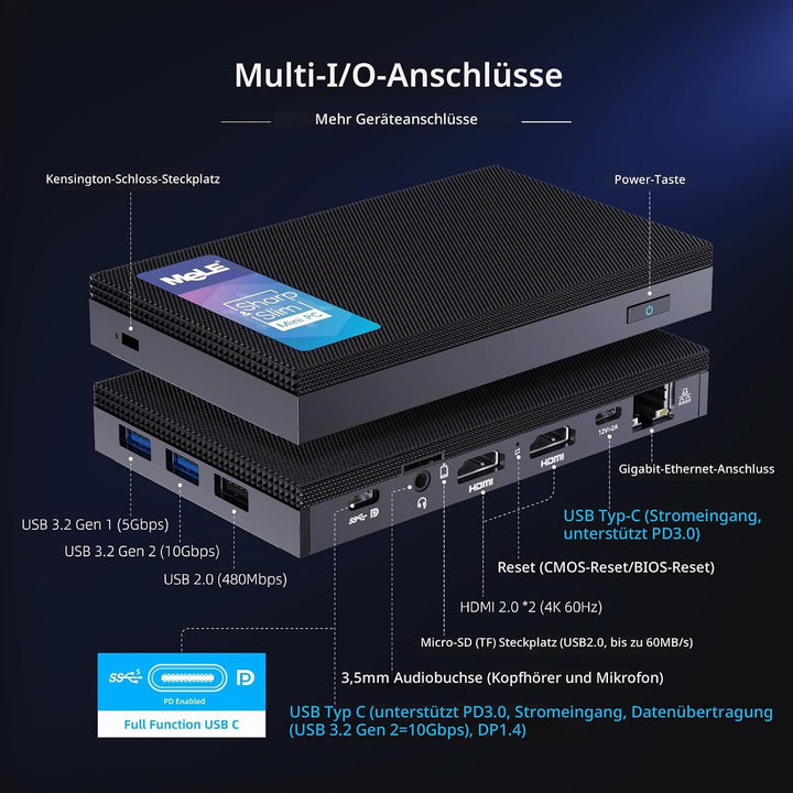 MeLE Quieter4C Lüfterloser Mini PC Windows 11 Pro 16GB DDR4 512GB ROM Micro PC Alder Lake N100(bis z