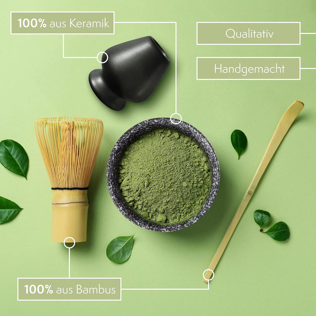 Matcha Set aus Besen, Schale, Löffel und Besenhalter - handgefertigtes Geschenk-Set für die traditio
