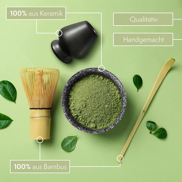Matcha Set aus Besen, Schale, Löffel und Besenhalter - handgefertigtes Geschenk-Set für die traditio
