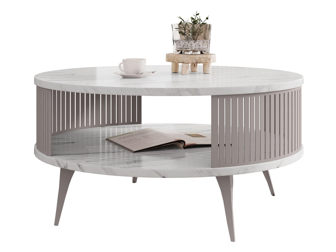 Mirjan24 Couchtisch mit Ablage Rajkon, Runde Form, Metallbeine, Kaffeetisch, Wohnzimmertische, Beist