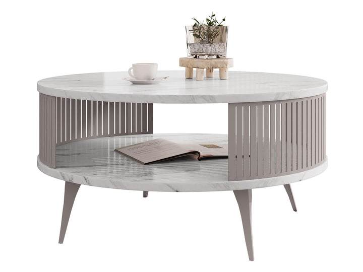 Mirjan24 Couchtisch mit Ablage Rajkon, Runde Form, Metallbeine, Kaffeetisch, Wohnzimmertische, Beist