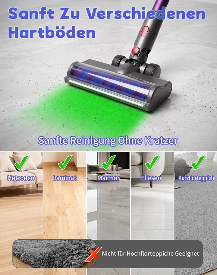 Bürste für Dyson V7 V8 V10 V11 V15 mit Grünem LED Licht, Weichwalze Bodenbürste Geeignet für Hartböd