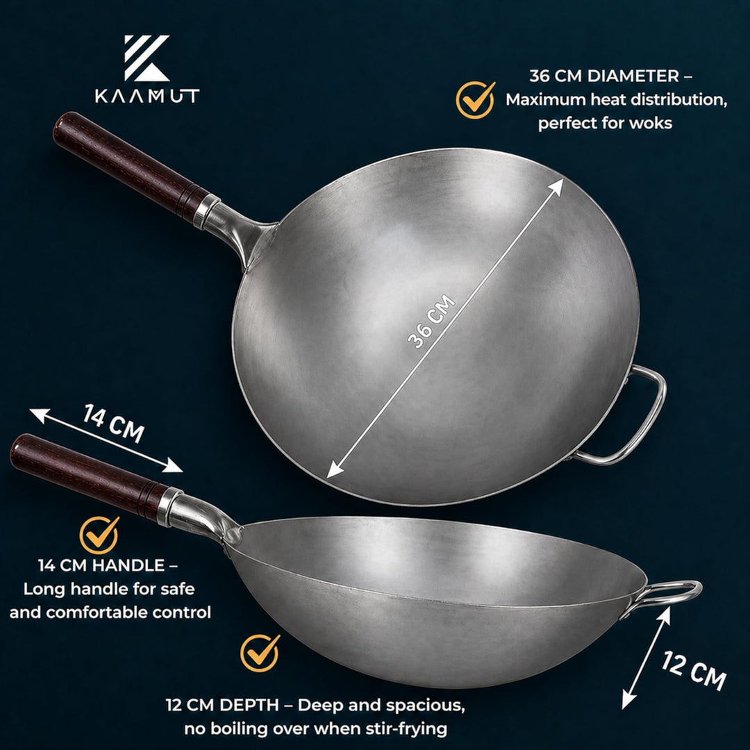 Professioneller Wok 36 cm – Handgehämmerter Blauer Kohlenstoffstahl – Runder Boden – Vorgewürzt – Ga