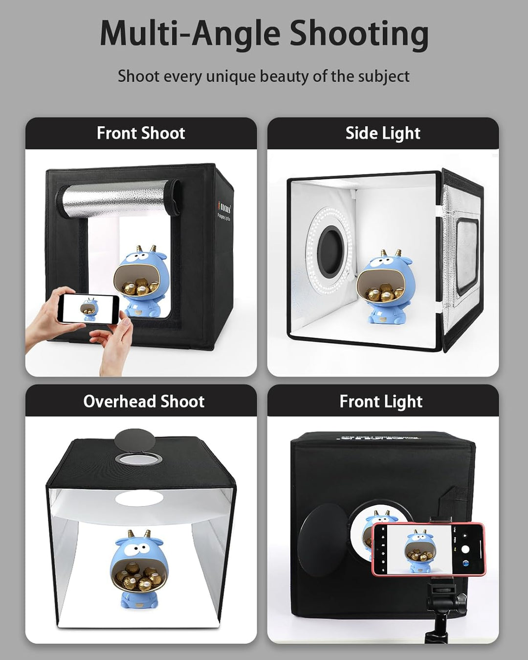 DUCLUS Fotobox, 25x25 cm Fotostudio Set für Produktfotografie, Faltbare Mini Lichtbox mit 96 LEDs, 6