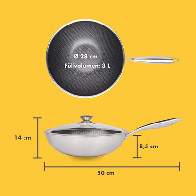 Reishunger Premium Wok aus Edelstahl | 28 cm Durchmesser | Mit Glasdeckel | Für alle Herdarten, Indu