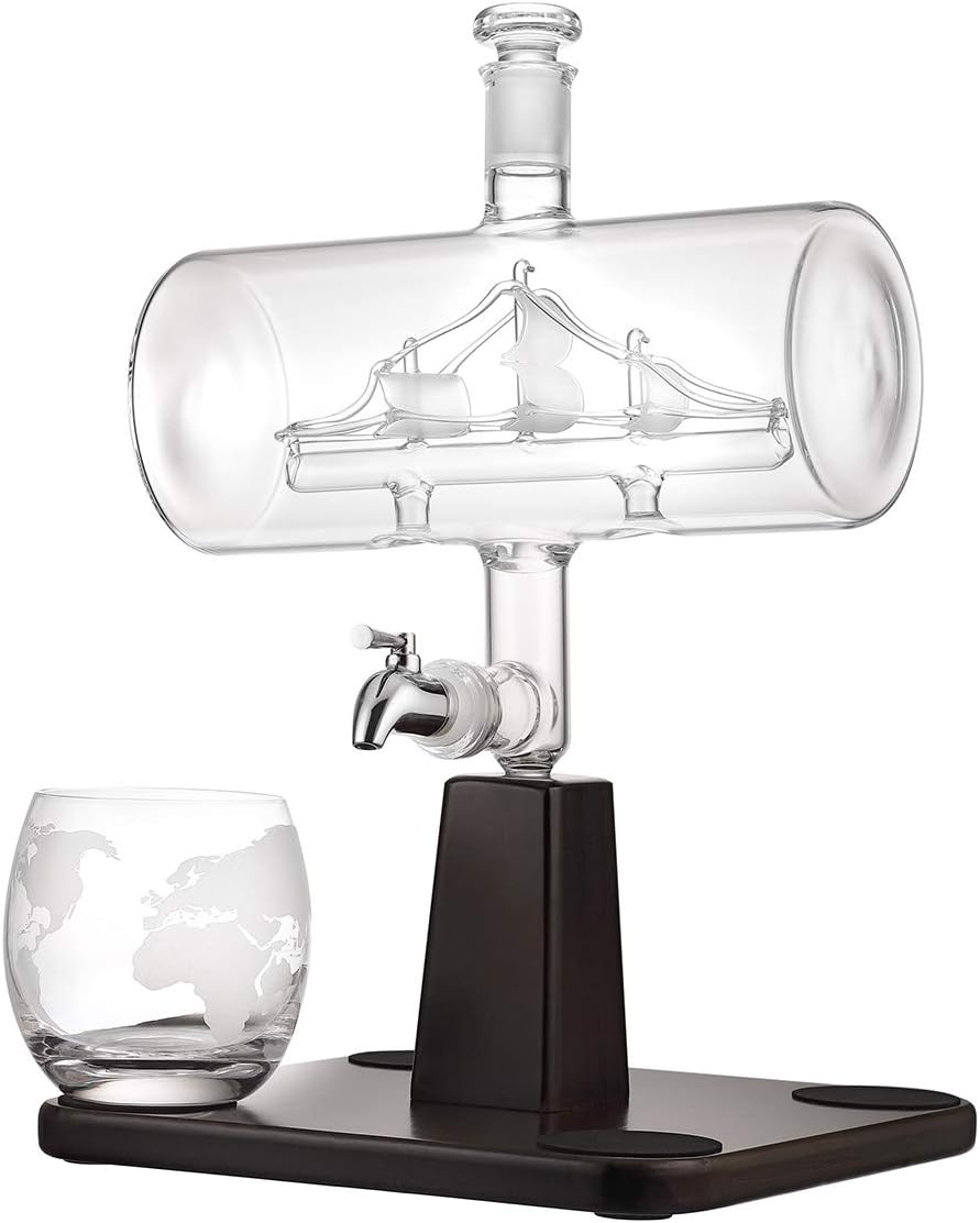 Whisky-Set 4er Whiskygläser 320ml, Glas-Karaffe mit Segelschiff Füllmenge 1000ml, Edelstahlhahn - Bl