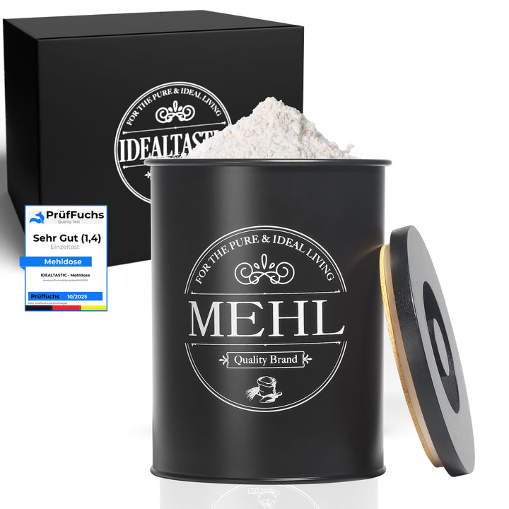IDEALTASTIC® Premium Mehl Aufbewahrung schwarz, Luftdichte Mehldose 500g für die Küche I Robuster Me