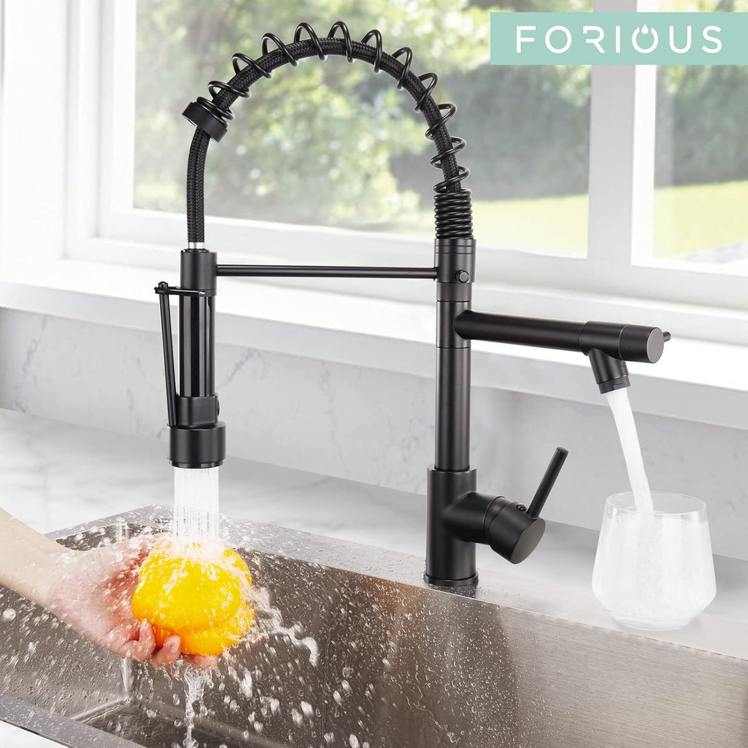 FORIOUS Wasserhahn Küche Schwarz,Edelstahl-Küchenarmatur Spülarmaturen Küche, Zweigriff-Mischbatteri