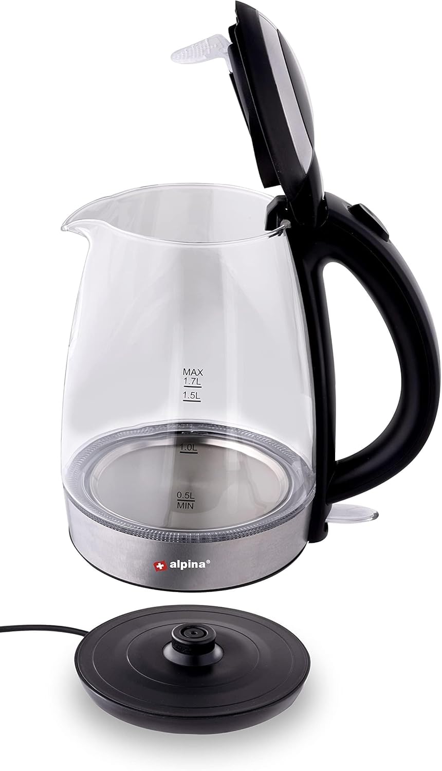 alpina Wasserkocher - Elektrisch - LED - Glas - Edelstahl - Schnurlos - 1,7 Liter, Glas
