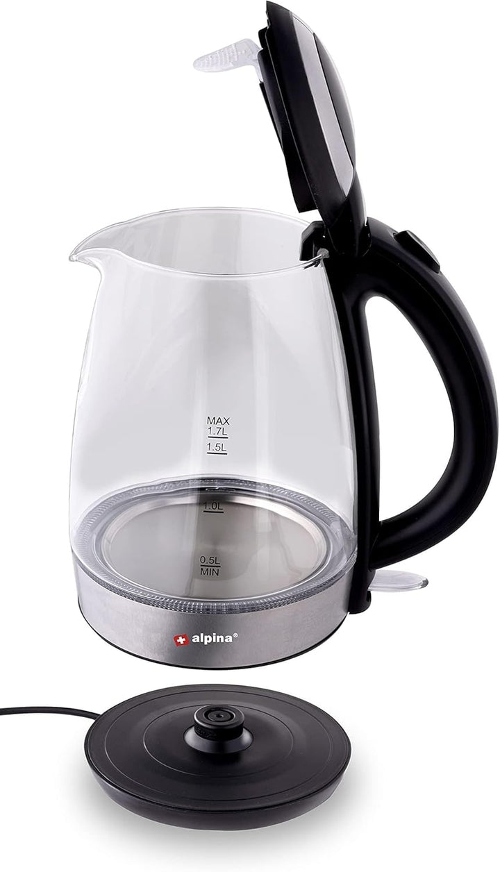 alpina Wasserkocher - Elektrisch - LED - Glas - Edelstahl - Schnurlos - 1,7 Liter, Glas