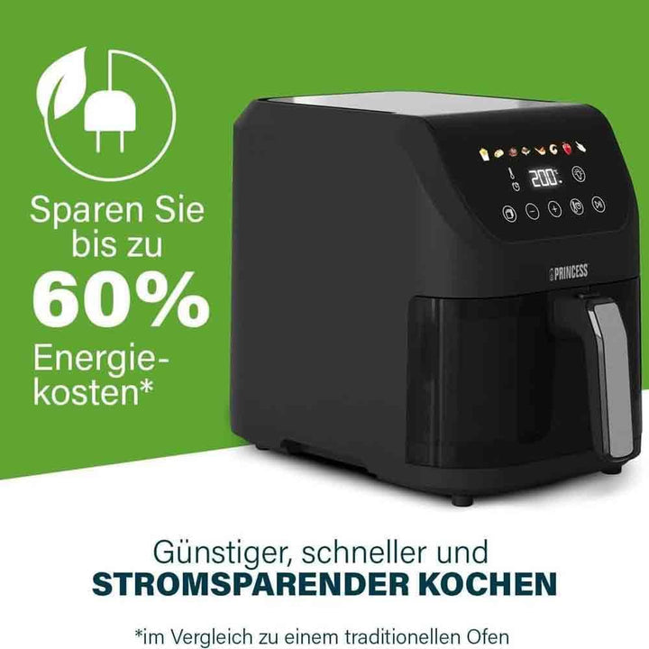 Princess Slim Airfryer 5L - 1500 W - leiser Betrieb (55 db) - Platzsparendes Design - Ölfrei - 8 Koc