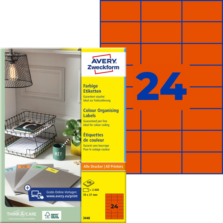 AVERY Zweckform 3448 Rote Etiketten (2.400 Aufkleber, 70x37mm auf A4, permanent haftend, selbstklebe