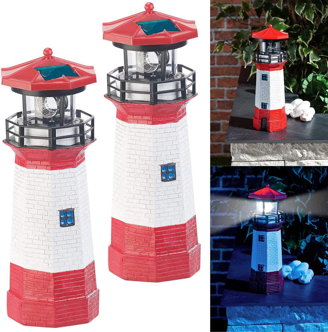 Lunartec Leuchtturm Deko Garten: 2er-Set Solar-Deko-Leuchttürme mit LED-Licht & drehendem Reflektor