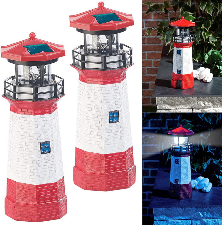 Lunartec Leuchtturm Deko Garten: 2er-Set Solar-Deko-Leuchttürme mit LED-Licht & drehendem Reflektor