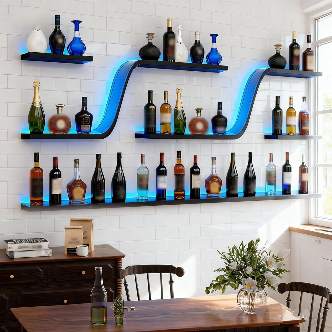 150cm Wand Weinregal mit LED Beleuchtung, Moderne geschwungene schwebende Bar Regal, Wandmontage Win