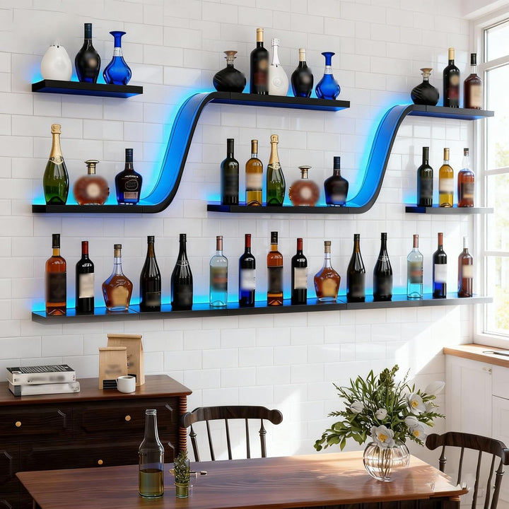 150cm Wand Weinregal mit LED Beleuchtung, Moderne geschwungene schwebende Bar Regal, Wandmontage Win