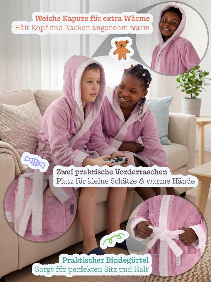 normani Kinder-Bademantel aus 100% Bio-Baumwolle mit Kapuze | Mit oder ohne Tierbestickung 122-128 R
