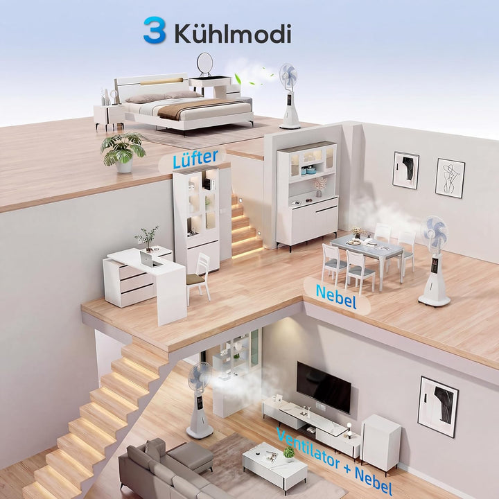 HOMCOM Ventilator mit Wasserkühlung, Luftbefeuchter, Standventilator mit Sprühnebel, 3 Modi, Fernbed