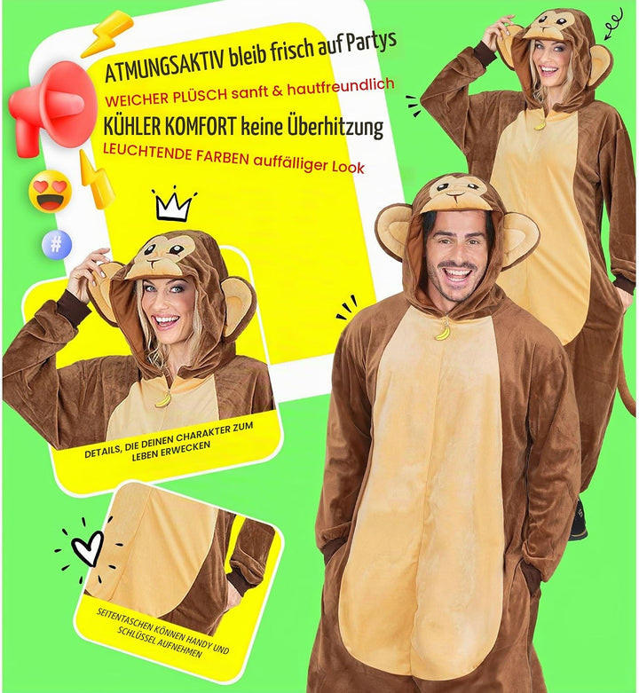 W WIDMANN MILANO Party Fashion - Tier Overall für Erwachsene, weicher Plüsch Jumpsuit mit Kapuze, Ti