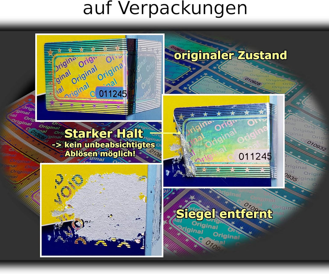 1000 Stk - 3D Hologramm Original-Siegel mit Seriennummer - 46x20mm silber glänzend - Sicherheitssieg