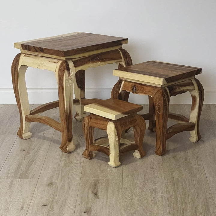 livasia Hoher Opiumtisch im 3er Set | Massivholz Beistelltisch | Asiatische Blumenhocker | Couchtisc