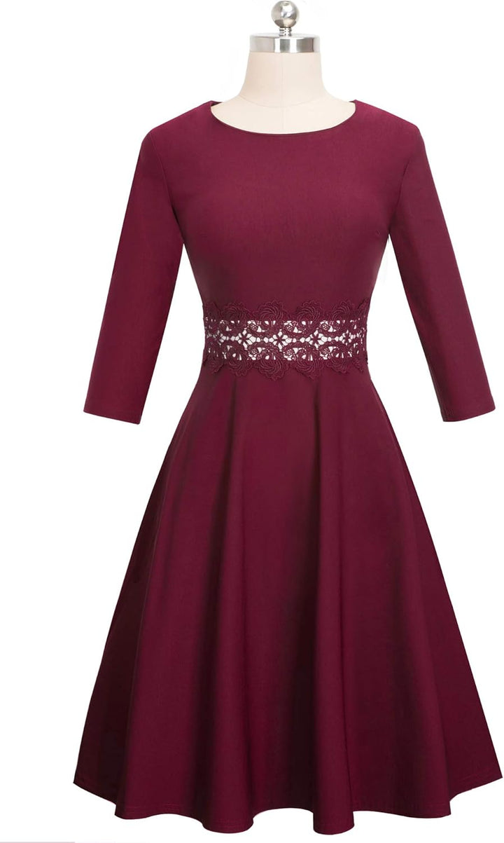 HOMEYEE Damen Vintage Rundhalsausschnitt Blumen Bestickt Knielang Elegant Cocktailkleid UKA079 S Kar